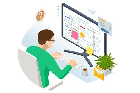 Isometric Project Manager uses a Laptop to Update Tasks and Milestones, Planning Illustrazione stock