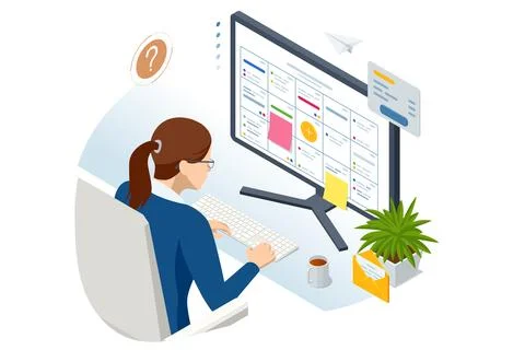 Isometric Project Manager uses a Laptop to Update Tasks and Milestones, Planning Illustrazione stock