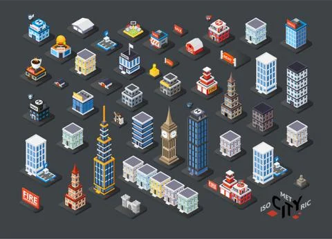 Isometric projection of 3D buildings Stock Illustration