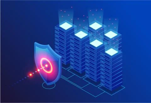 Isometric Protection network security and safe your data concept. Web page Illustrazione stock