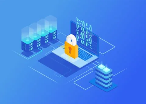 Isometric Protection network security concepts. Laptop with data and protecti 스톡 일러스트