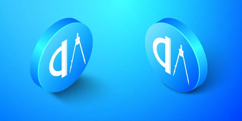 Isometric Protractor and drawing compass icon isolated on blue background 스톡 일러스트
