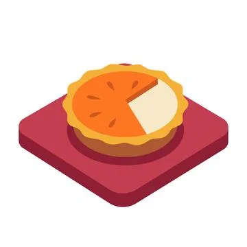 Isometric Pumpkin Pie With One Slice Missing On Red Base on white backgroun.. Stock Illustration