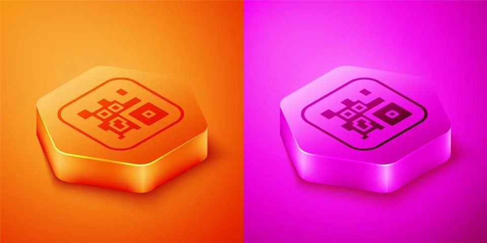 Isometric QR code sample for smartphone scanning icon isolated on orange and Illustrazione stock