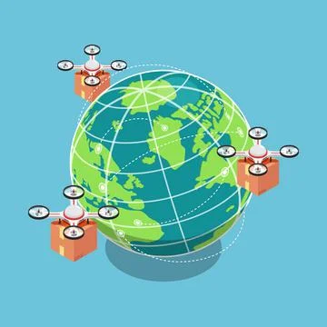 Isometric Quadcopter or Drone Flying and Carrying a Package to Delivery Aroun Stock Illustration