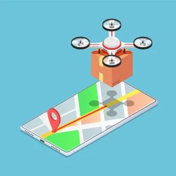 Isometric quadcopter or drone on map carrying a package to delivery Stock Illustration