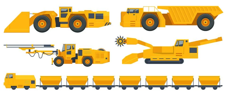 Isometric Quarry Mining Machines, Side View Mining Cart, Underground, Railway Illustrazione stock