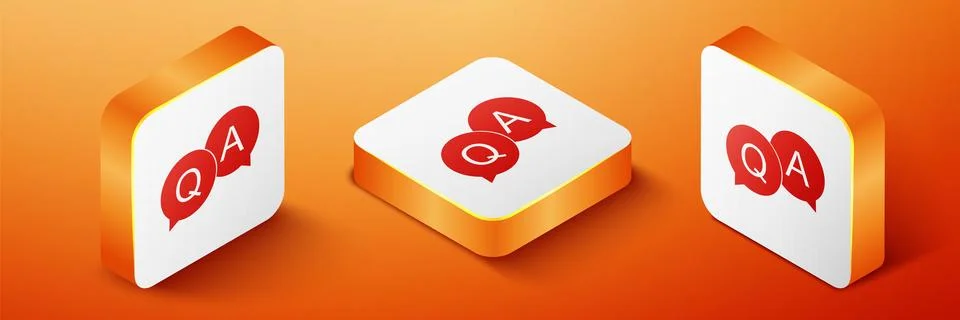 Isometric Question and Answer mark in speech bubble icon isolated on orange Illustrazione stock