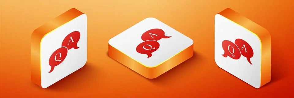 Isometric Question and Answer mark in speech bubble icon isolated on orange Stock Illustration