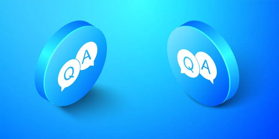 Isometric Question and Answer mark in speech bubble icon isolated on blue Illustrazione stock