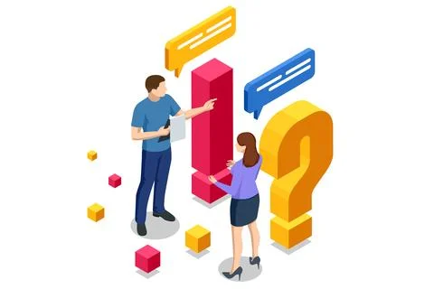 Isometric Question Marks, Message box with question, Chatbot technology, AI chat Stock Illustration