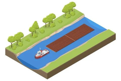 Isometric Rafting of timber logs on the river is a traditional method of Stock Illustration