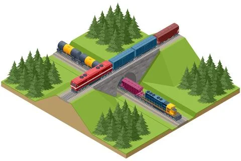 Isometric railway landscape featuring a multi-level intersection. A freight Stock Illustration