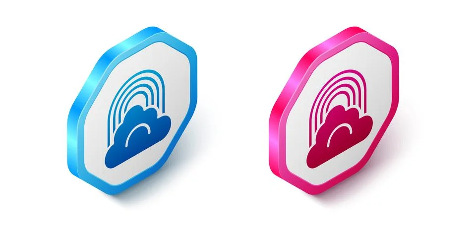Isometric Rainbow with cloud icon isolated on white background. Hexagon button Illustrazione stock