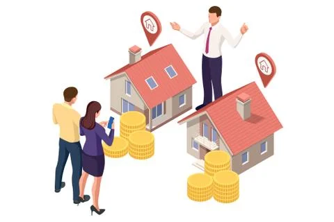 Isometric real estate agent with house model and keys. Buying, selling or Stock Illustration