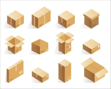 Isometric realistic cardboard delivery boxes. Opened, closed logistic box. Illustrazione stock