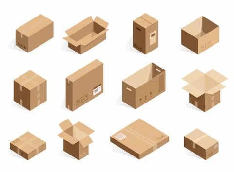 Isometric realistic cardboard delivery boxes. Opened, closed logistic box Stock Illustration