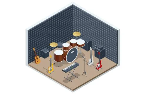 Isometric recording studio and soundproof wall texture. Drum kit with drums and Stock Illustration