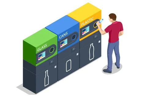 Isometric Recycling machine isolated on white. Man put bottles in vending Illustrazione stock