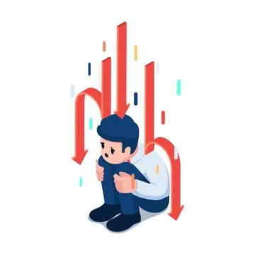 Isometric Red Arrows Falling to Sad Businessman Stock Illustration