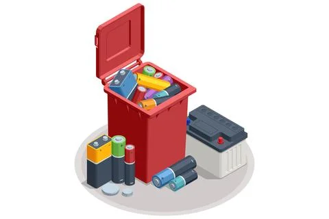 Isometric red battery recycle bin filled with used cells and accumulator parts Stock Illustration