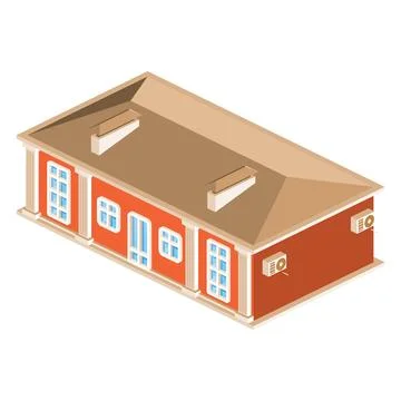 Isometric red building with multiple windows, door and a brown roof. City a.. Ilustración de archivo
