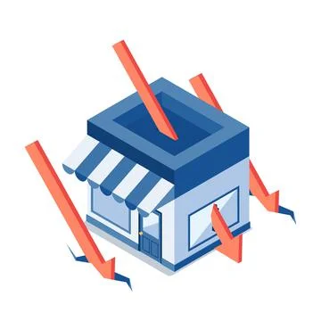 Isometric Red Falling Arrow Piercing Through Shopping Store Stock Illustration