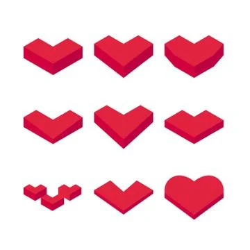 Isometric red heart set. 3D Heart icons. Heart logo concept. Valentine's Day Stock Illustration