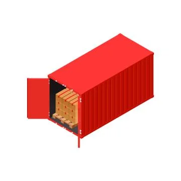 Isometric red shipping container loaded with palet cardboards Illustrazione stock
