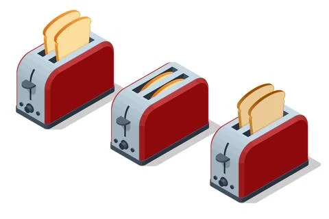 Isometric red toaster with toasted bread on white background. Fresh crispy wheat Stock Illustration