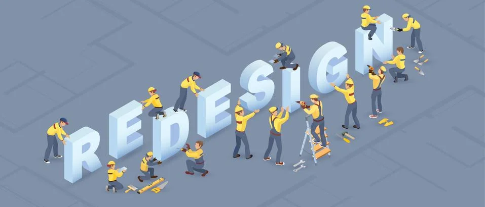 Isometric redesign services concept. Builders installed letters. Isolated Vec Illustrazione stock