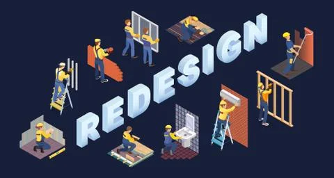 Isometric redesign services concept. Team of builders are works. Vector. Illustrazione stock
