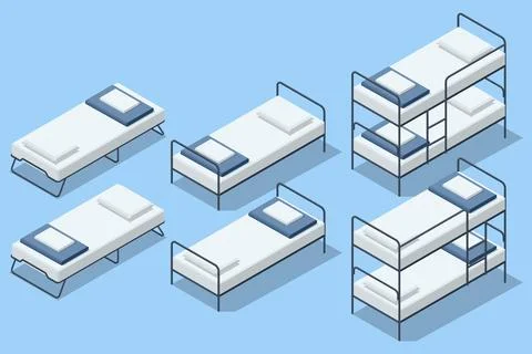 Isometric refugee camp interior with bunk beds and partitions, showing temporary Stock Illustration