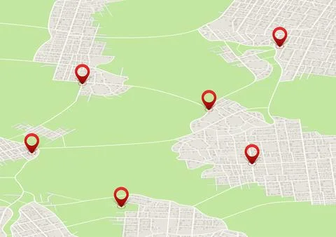 Isometric regional map with separate town districts and red location pins Stock Illustration