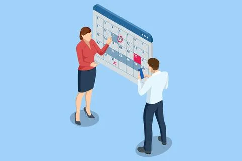 Isometric Reminder, Planning Day Scheduling Appointment in Calendar Application Stock Illustration