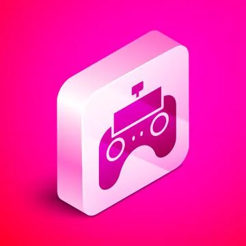 Isometric Remote control icon isolated on pink background. Silver square button Stock Illustration