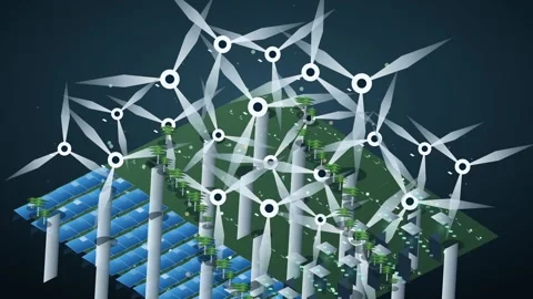 Isometric Renewable Energy Park Loop - Wind Turbine Solar Grid Backdrop Video stock 341869859