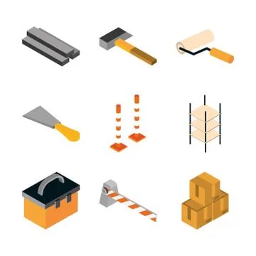 Isometric repair construction work tool and equipment hammer trowel toolbox flat Illustrazione stock