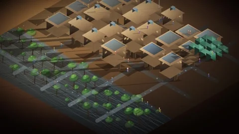 Isometric Resilient Community Loop - Solar House Green Village Backdrop Stock Footage 341869780