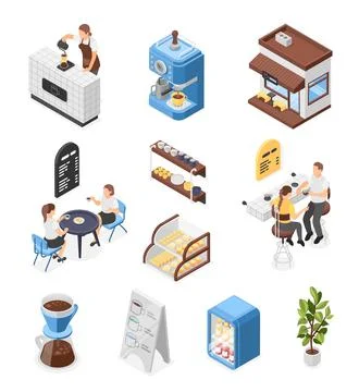 Isometric restaurant elements. Cafe or cafeteria workers doing filter coffee Illustrazione stock
