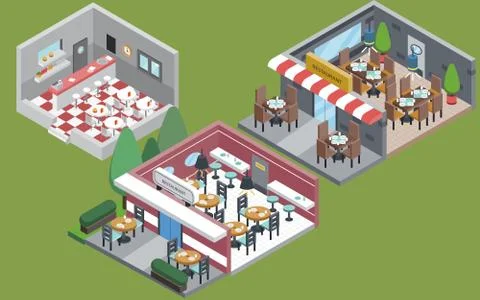 Isometric restaurant interior set Stock Illustration