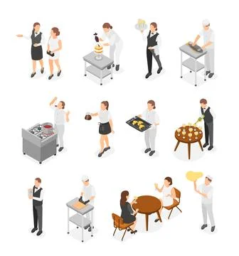 Isometric restaurant team. Chefs preparing meals and cooking, waiter with client Stock Illustration