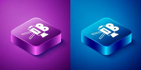 Isometric Retro cinema camera icon isolated on blue and purple background. Video Stock Illustration