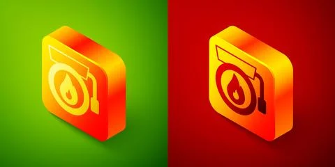 Isometric Ringing alarm bell icon isolated on green and red background. Fir.. Illustrazione stock