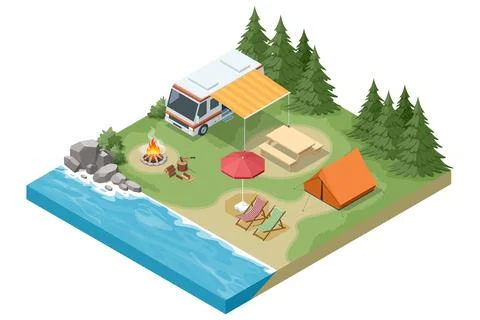 Isometric riverside campsite with camper van, tent, campfire, chairs, and Stock Illustration