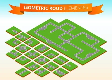 Isometric road elements. Isometric crossheads, circular motion, turns, deadlock. Illustrazione stock