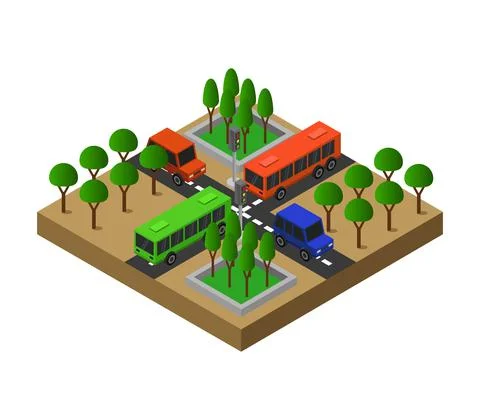Isometric road intersection in vector on a white background Ilustração Stock