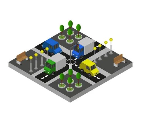 Isometric road intersection in vector on a white background 스톡 일러스트