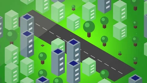 Isometric Road Perspective with Green Trees and Cubes - Abstract Minimalist.. Stock Footage 347562111