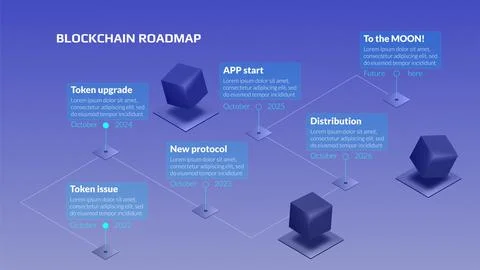 Isometric roadmap for blockchain or cryptocurrency project with cubes Illustrazione stock